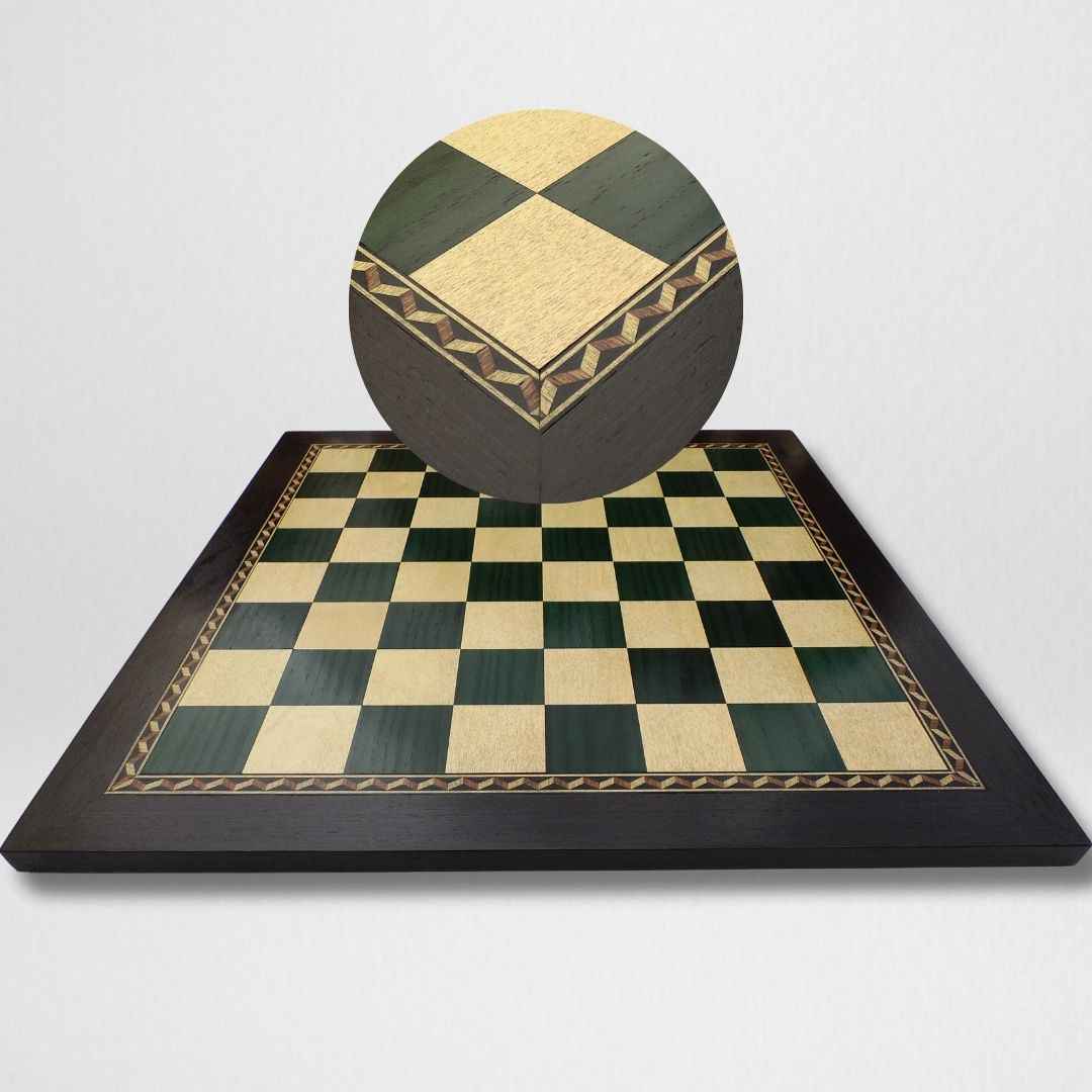 Tablero de Ajedrez de Madera 55x55 cm – Ébano Catedral, Sicomoro y Casillas Verde Tintada