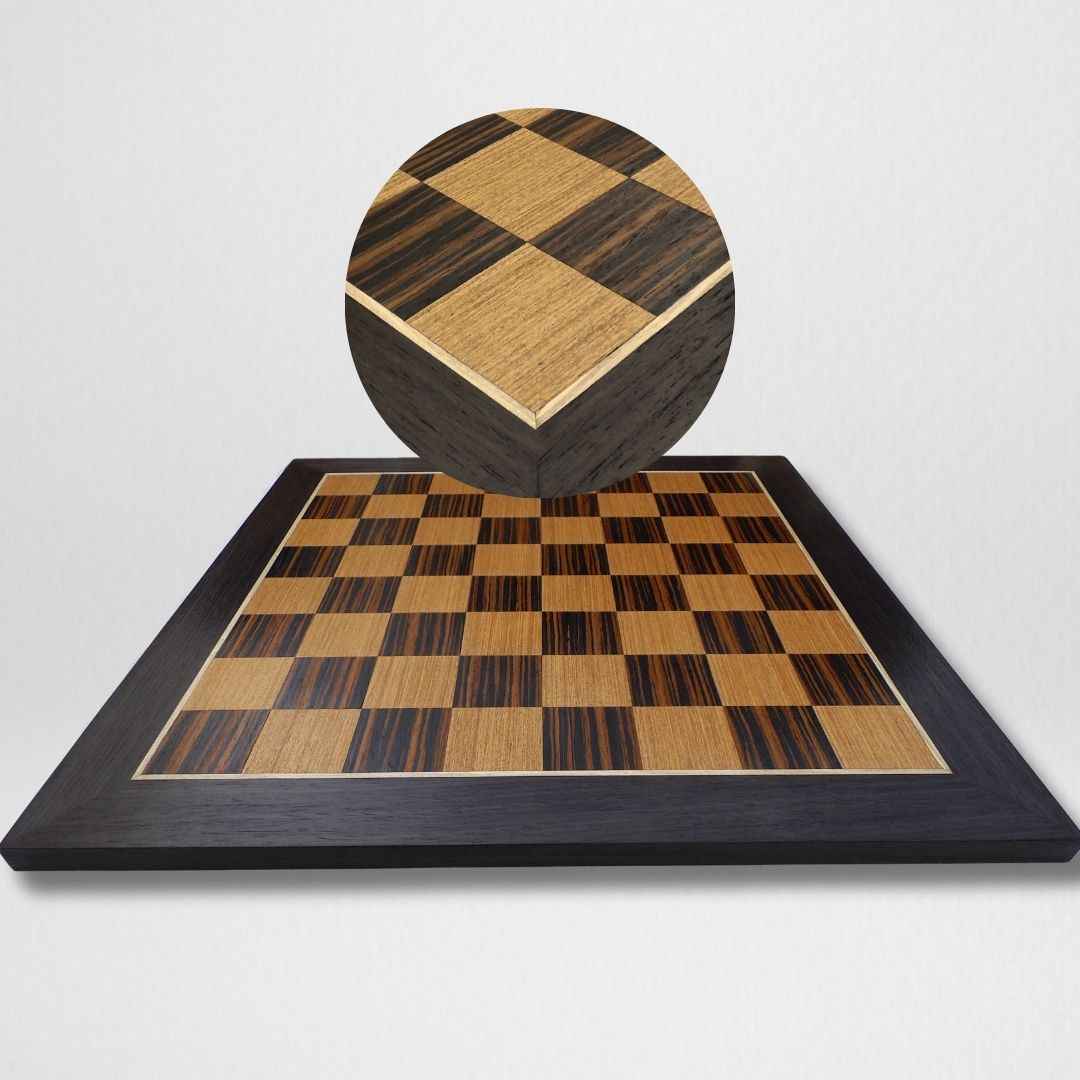Tablero de Ajedrez de Madera 55x55cm – Ébano Catedral, Ébano Makassar y Freijó con Línea Maple