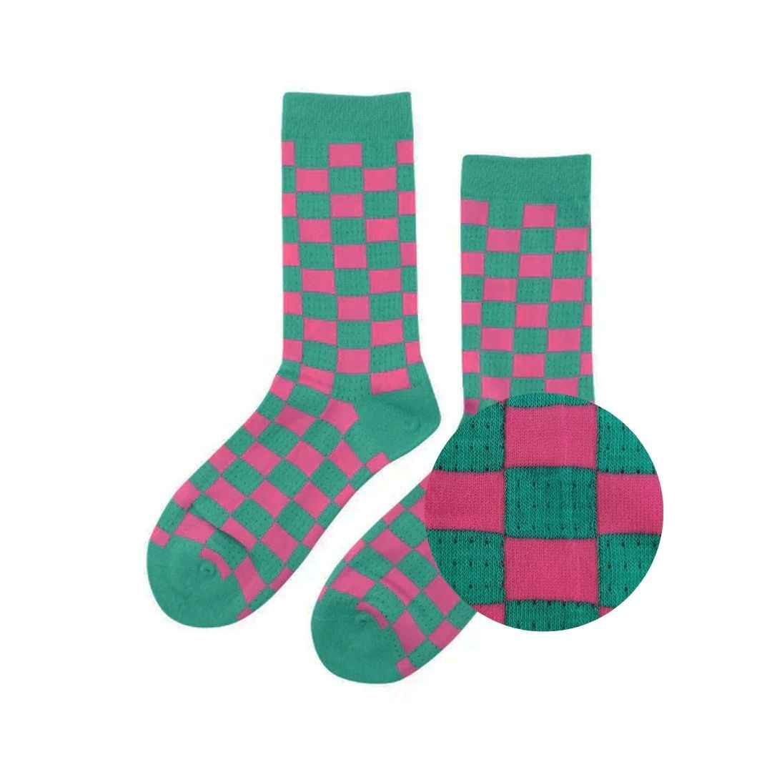 Calcetines Cuadros Verde y Fucsia - Talla 36-40