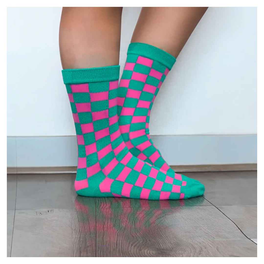 Calcetines Cuadros Verde y Fucsia - Talla 36-40