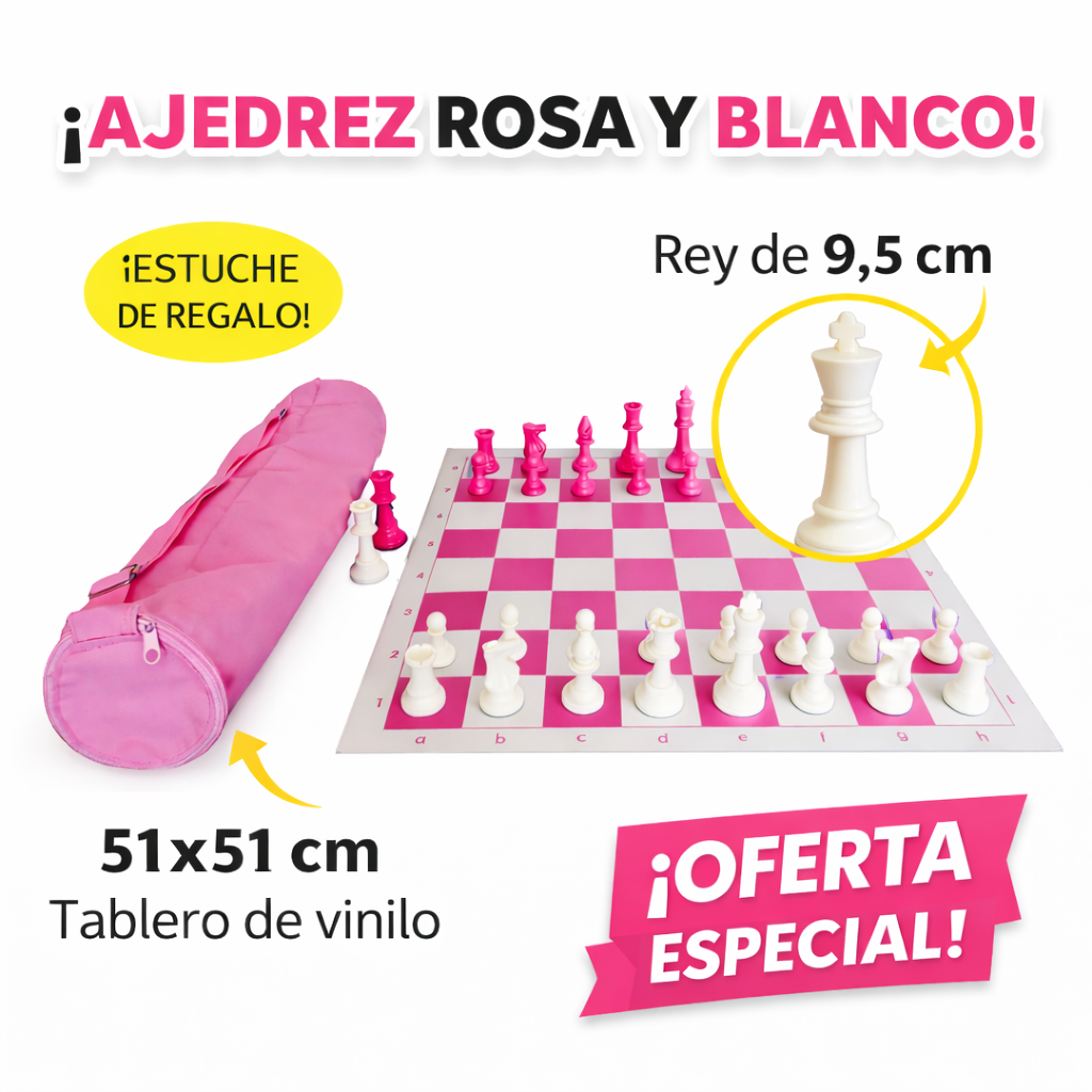 Set de Ajedrez Rosado y Blanco con Estuche - Tablero 51x51cm - Chess Things