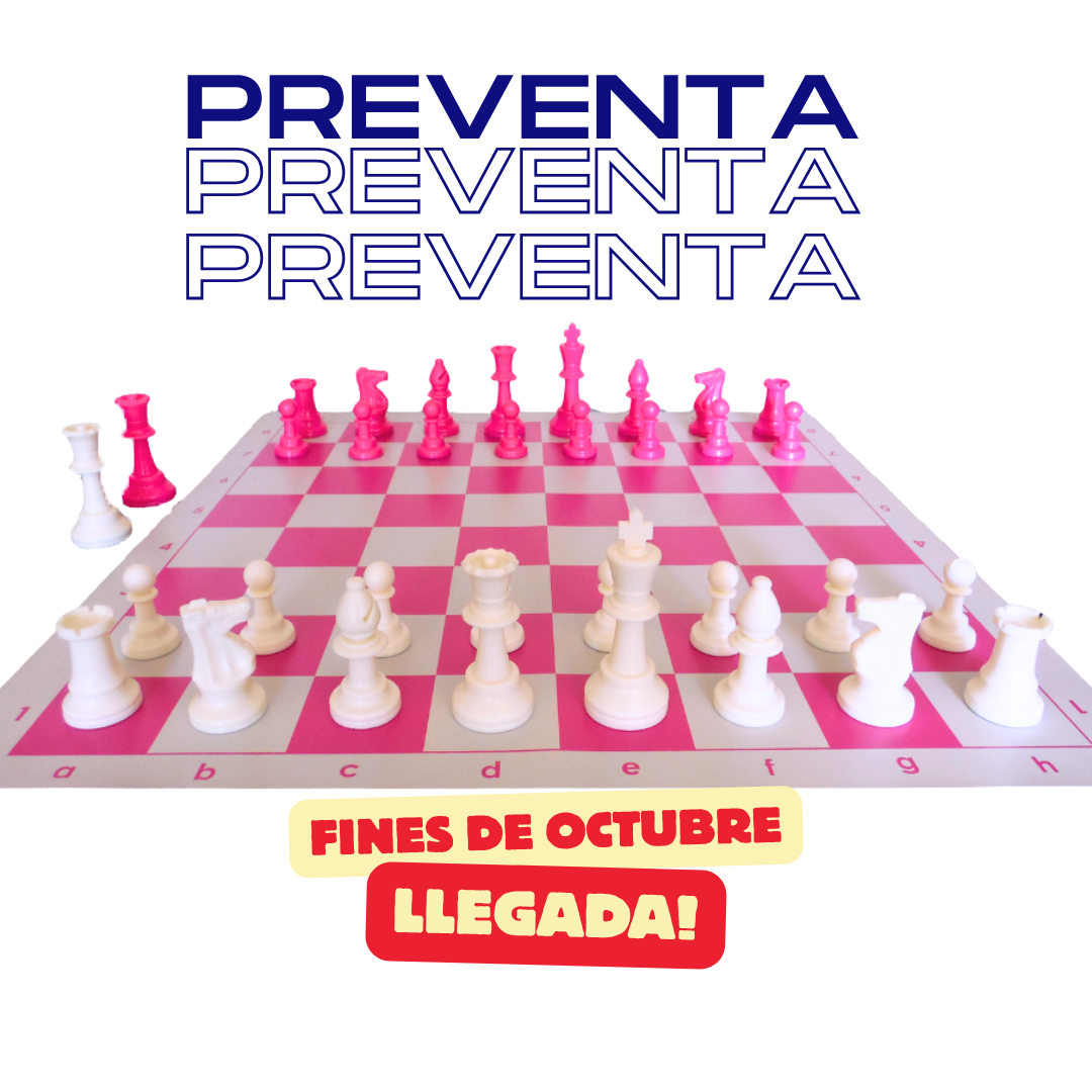 Set de ajedrez rosado y blanco con estuche y tablero 51 × 51 cm